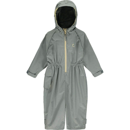 A Hippychick Toddler All-In-One Waterproof Shell Suit in Cool Grey, showing the full-length suit with hood, beige zip, elasticated cuffs and waist for weather protection.