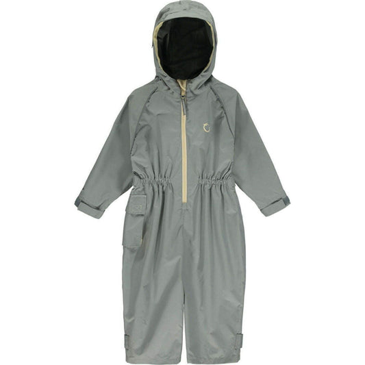 A Hippychick Toddler All-In-One Waterproof Shell Suit in Cool Grey, showing the full-length suit with hood, beige zip, elasticated cuffs and waist for weather protection.