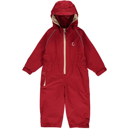 A Hippychick Toddler All-In-One Waterproof Shell Suit in Fiesta Red, showing the full suit with hood, front zip, elasticated cuffs and beige trim details.