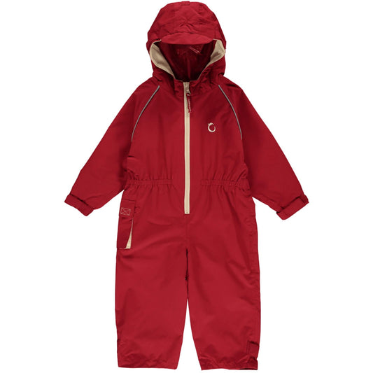 A Hippychick Toddler All-In-One Waterproof Shell Suit in Fiesta Red, showing the full suit with hood, front zip, elasticated cuffs and beige trim details.