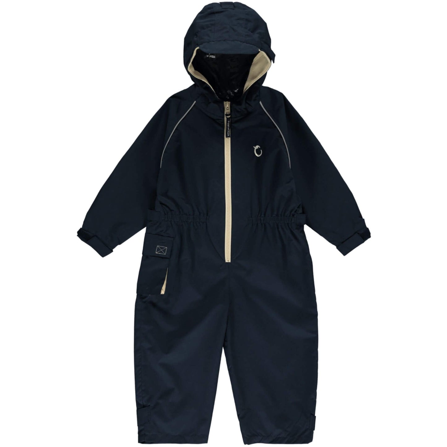 A Hippychick Toddler All-In-One Waterproof Shell Suit in Midnight Blue, featuring a full-length design with hood, beige zip, and elasticated waist and cuffs for weather protection.