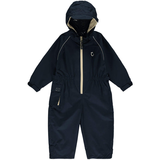 A Hippychick Toddler All-In-One Waterproof Shell Suit in Midnight Blue, featuring a full-length design with hood, beige zip, and elasticated waist and cuffs for weather protection.