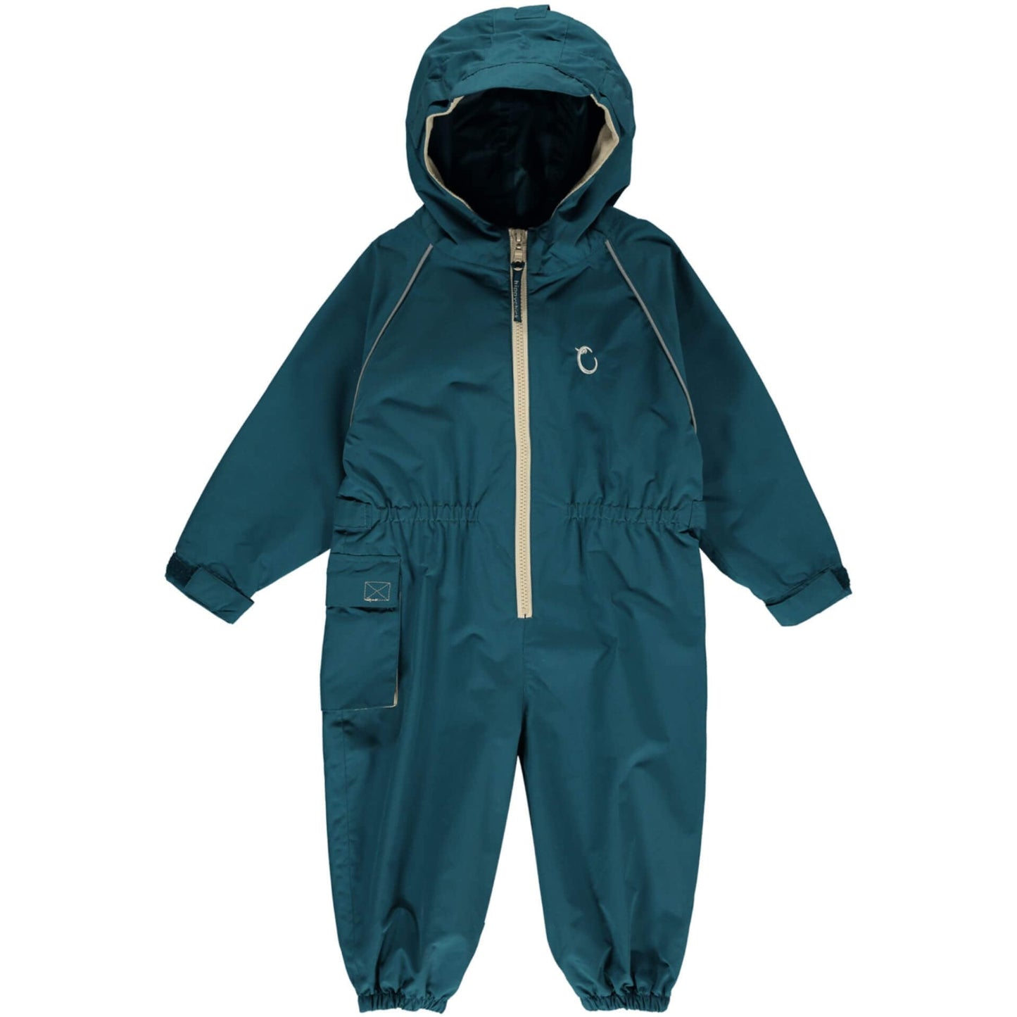 A Hippychick Toddler All-In-One Waterproof Shell Suit in Peacock Green, showing the full-length suit with hood, beige zip, and elasticated cuffs and waist for outdoor weather protection.