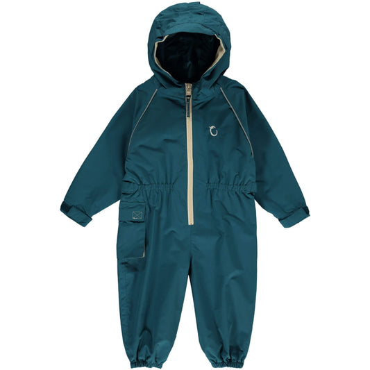 A Hippychick Toddler All-In-One Waterproof Shell Suit in Peacock Green, showing the full-length suit with hood, beige zip, and elasticated cuffs and waist for outdoor weather protection.