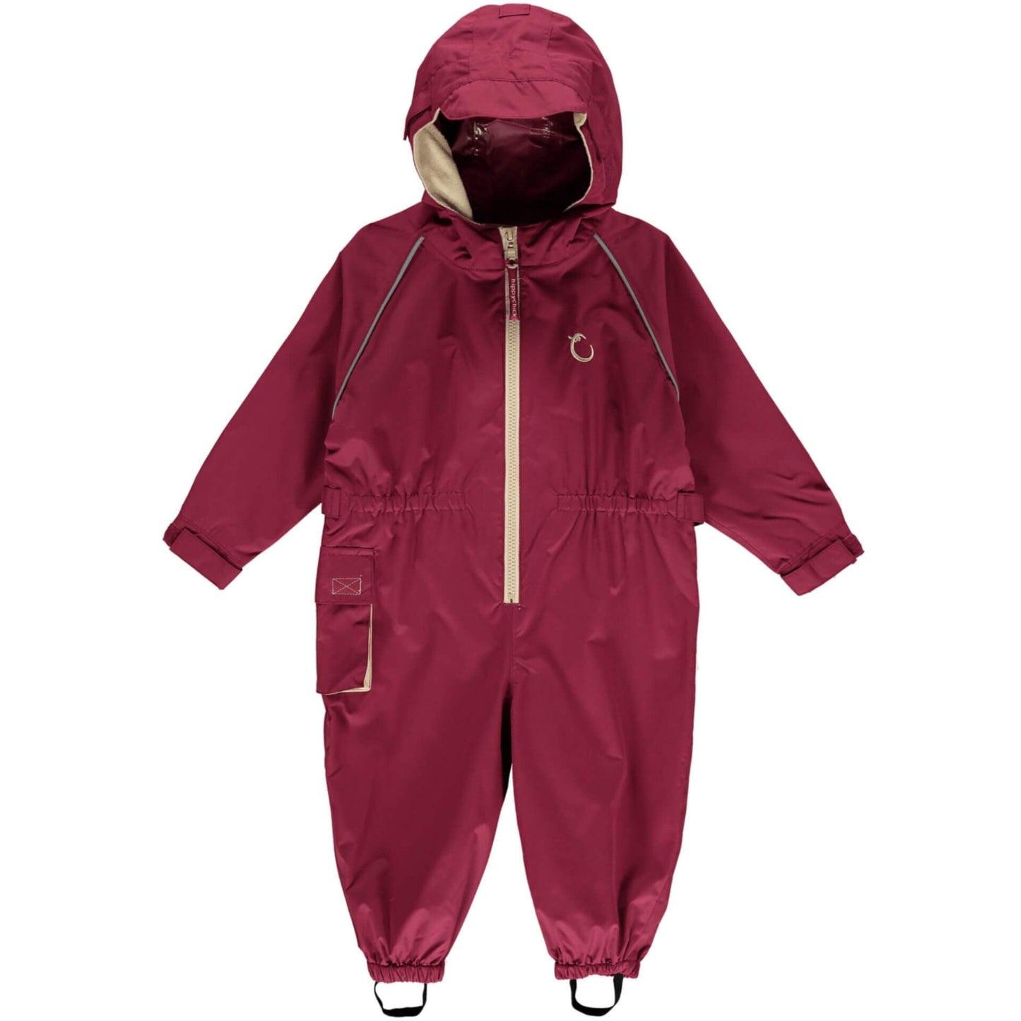 A Hippychick Toddler All-In-One Waterproof Shell Suit in Raspberry, showing the full-length design with hood, beige zip, and elasticated waist and cuffs for weather protection.