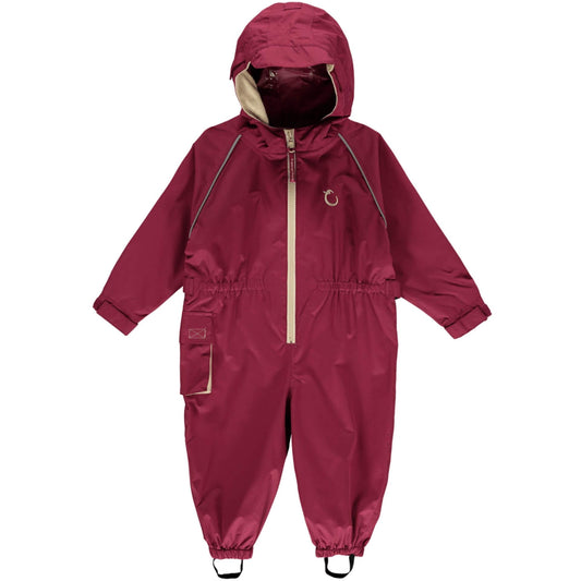 A Hippychick Toddler All-In-One Waterproof Shell Suit in Raspberry, showing the full-length design with hood, beige zip, and elasticated waist and cuffs for weather protection.