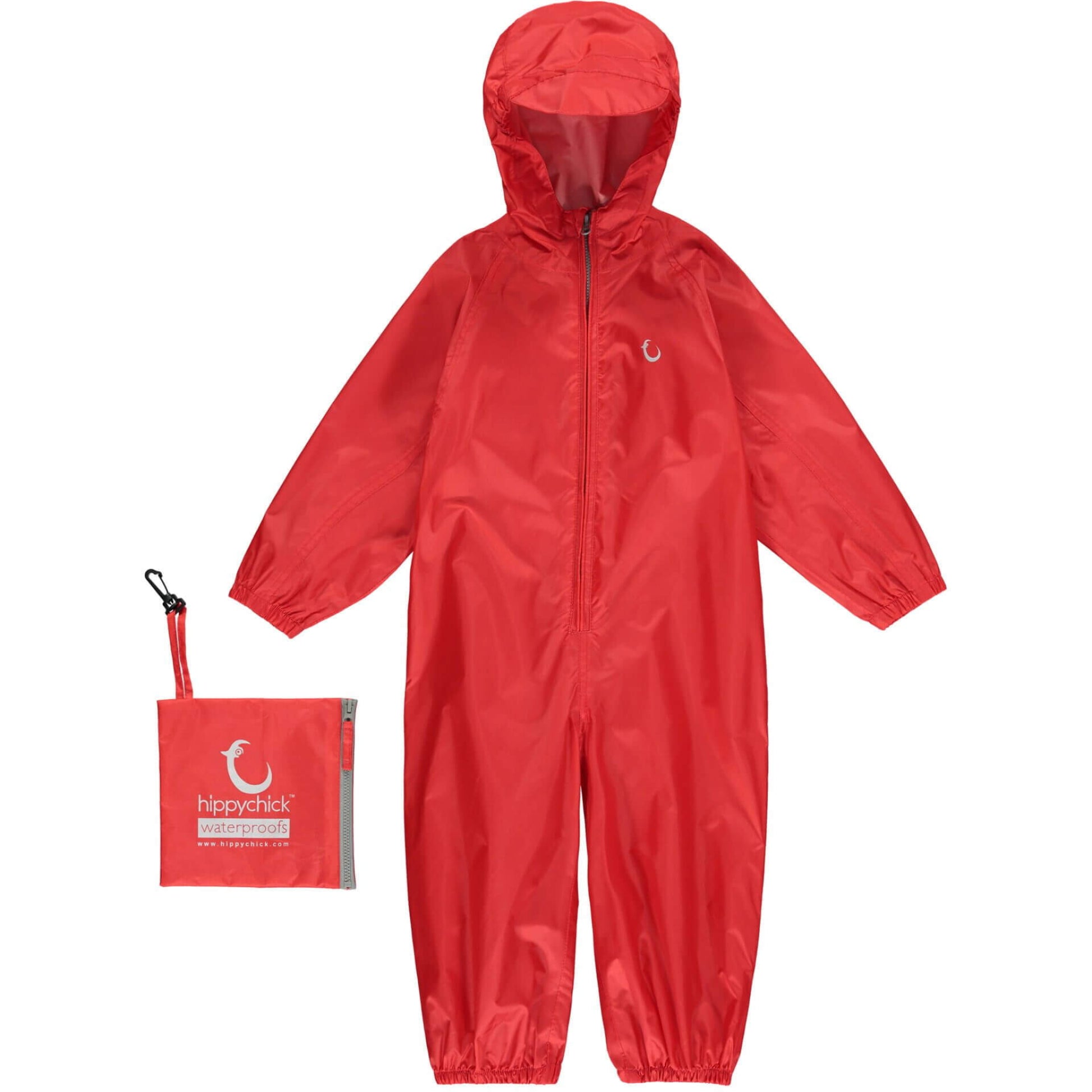 A red Hippychick Toddler Waterproof Packasuit with hood, shown with its matching compact storage bag featuring the brand logo.