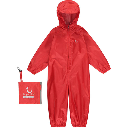 A red Hippychick Toddler Waterproof Packasuit with hood, shown with its matching compact storage bag featuring the brand logo.