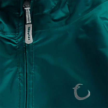 Close-up of green waterproof packasuit fabric showing Hippychick zip pull and reflective brand logo.
