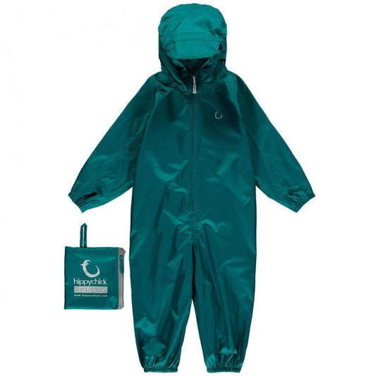 Hippychick Waterproof Packasuit in bottle green shown laid flat with hood up and matching storage pouch beside it.