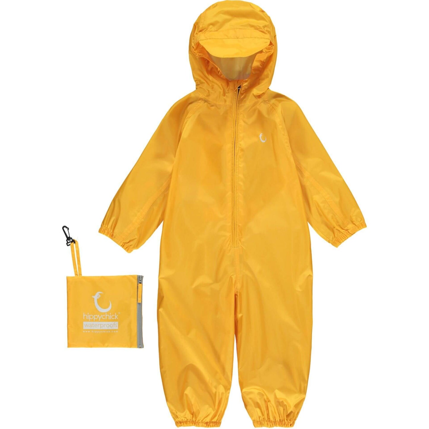 Yellow Hippychick toddler waterproof packasuit shown with matching storage bag, designed with hood, zip front, and elasticated cuffs for full weather protection.