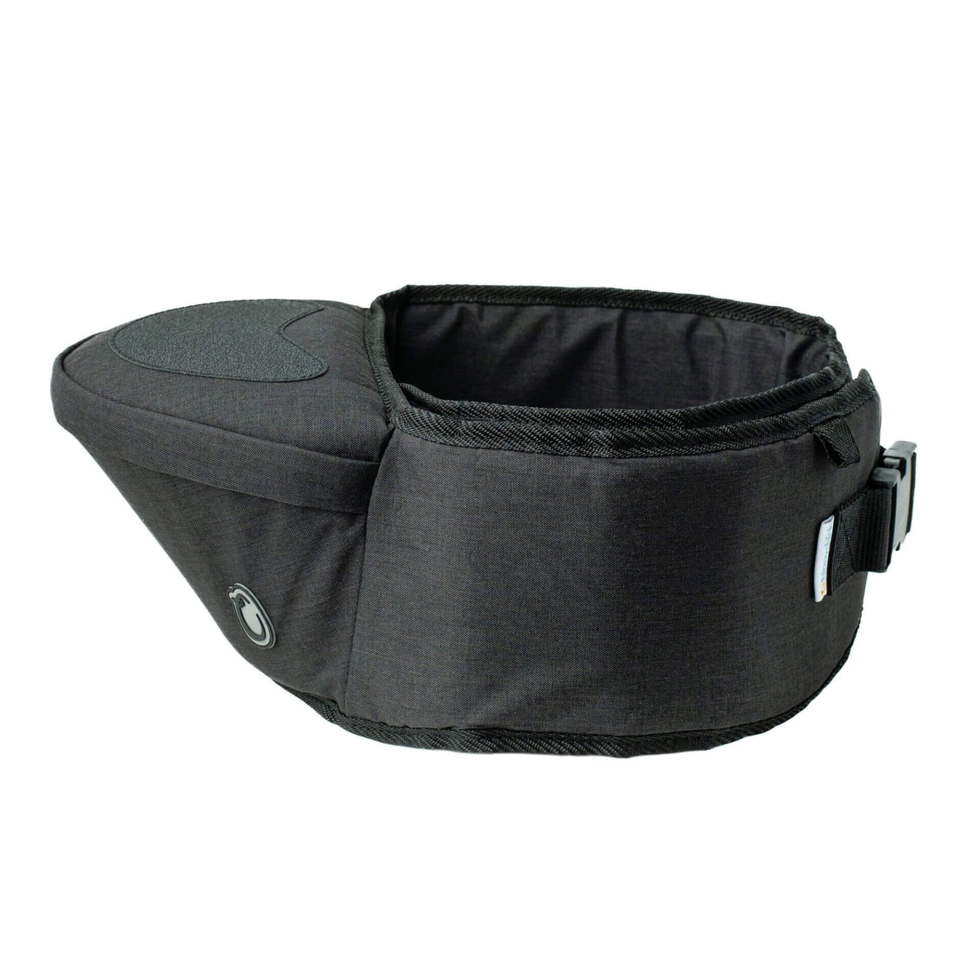 Black Hipseat baby carrier belt in denim finish, shown from the side with cushioned seat platform and adjustable waistband.