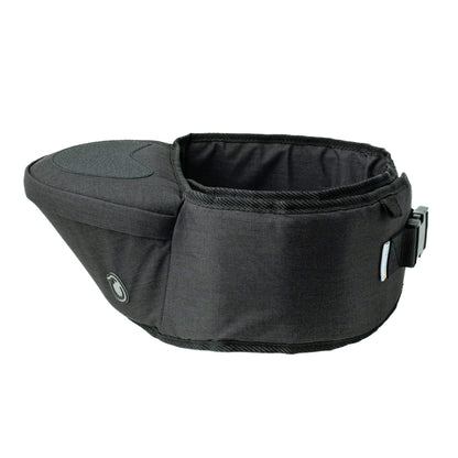 Black Hipseat baby carrier belt in denim finish, shown from the side with cushioned seat platform and adjustable waistband.