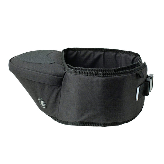 Black Hipseat baby carrier belt in denim finish, shown from the side with cushioned seat platform and adjustable waistband.