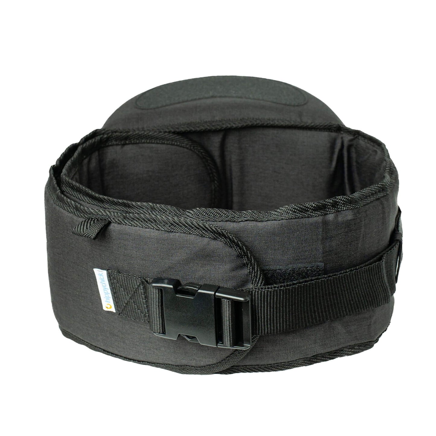 Black Hipseat baby carrier belt viewed from the back, showing the wide waistband, sturdy buckle, and secure adjustable straps.
