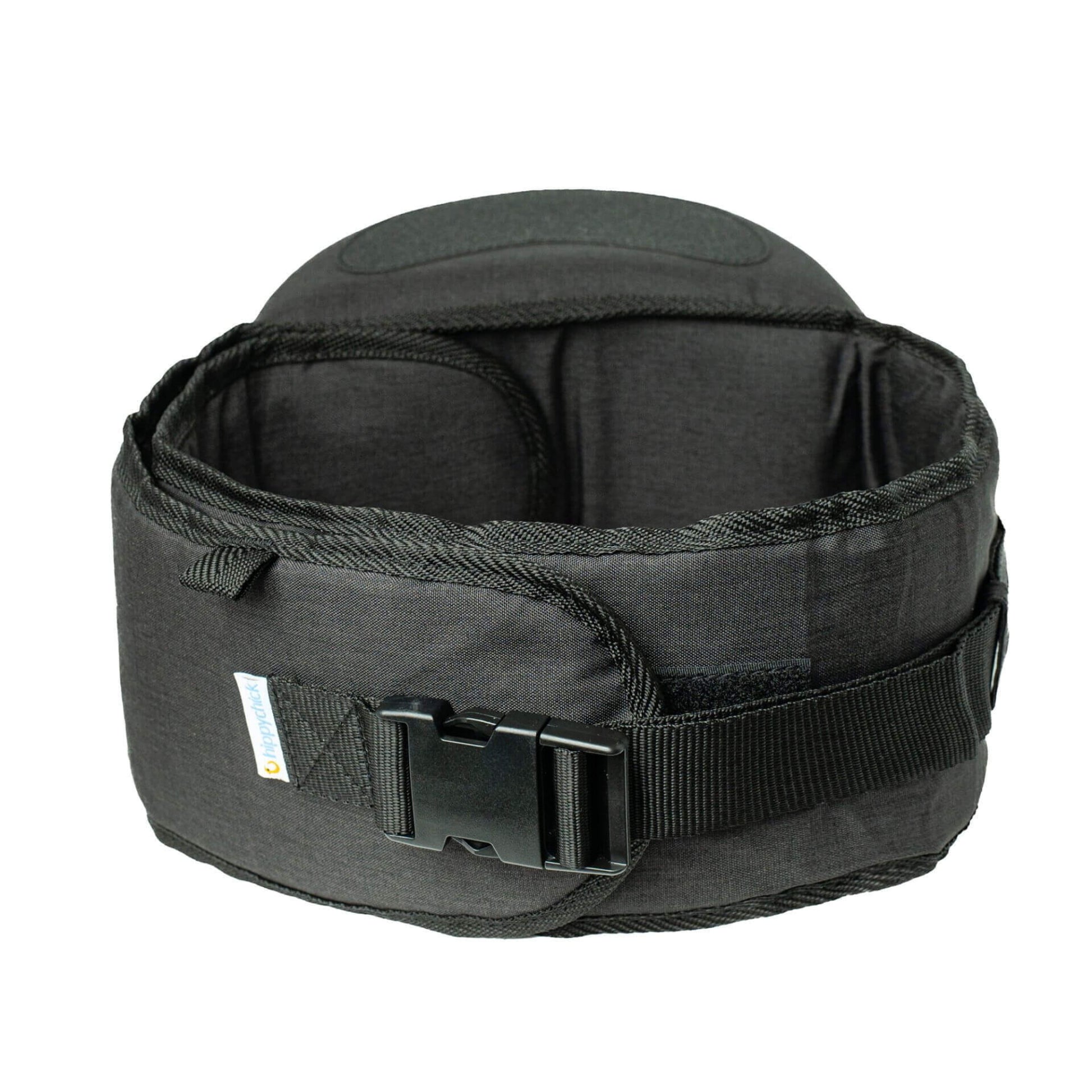 Black Hipseat baby carrier belt viewed from the back, showing the wide waistband, sturdy buckle, and secure adjustable straps.