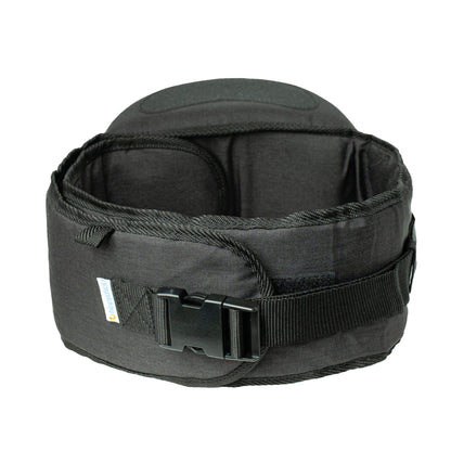 Black Hipseat baby carrier belt viewed from the back, showing the wide waistband, sturdy buckle, and secure adjustable straps.
