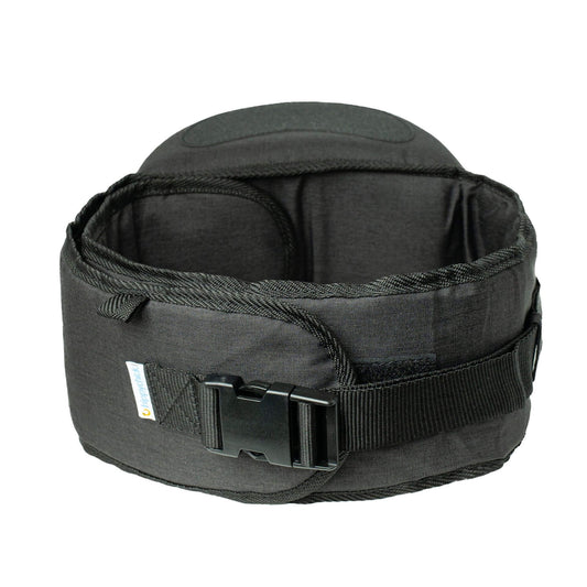 Black Hipseat baby carrier belt viewed from the back, showing the wide waistband, sturdy buckle, and secure adjustable straps.