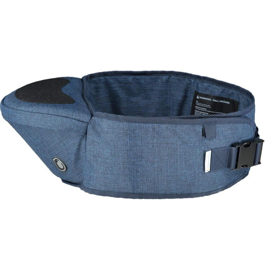Blue Hipseat baby carrier belt in denim finish, shown from the side with cushioned seat platform and adjustable waistband.