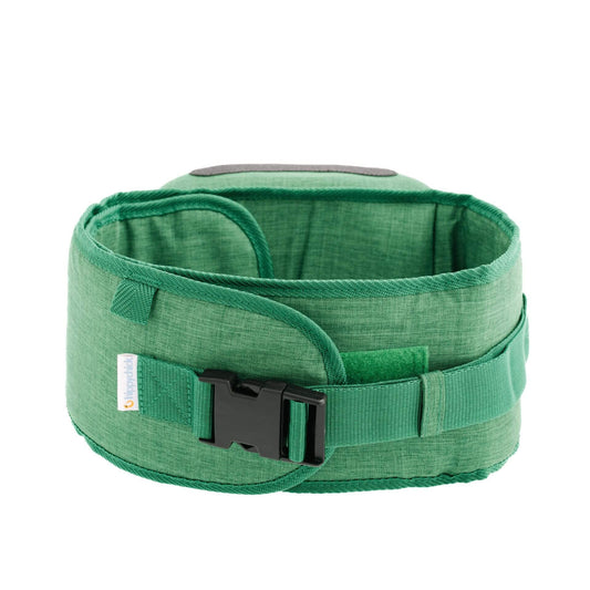 Back view of green hipseat baby carrier with sturdy buckle fastening and adjustable waistband.
