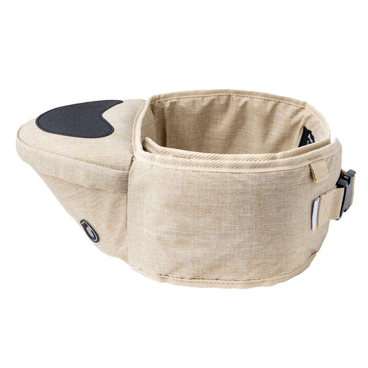 Hippychick Hipseat Denim Oatmeal shown in a side profile, featuring a firm padded seat and adjustable waistband.