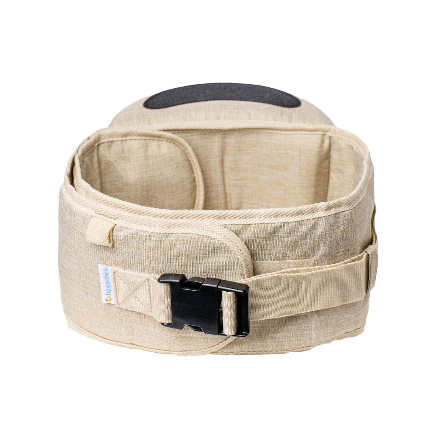 Adjustable waistband and buckle fastening of the Hipseat Denim Oatmeal shown from the rear.