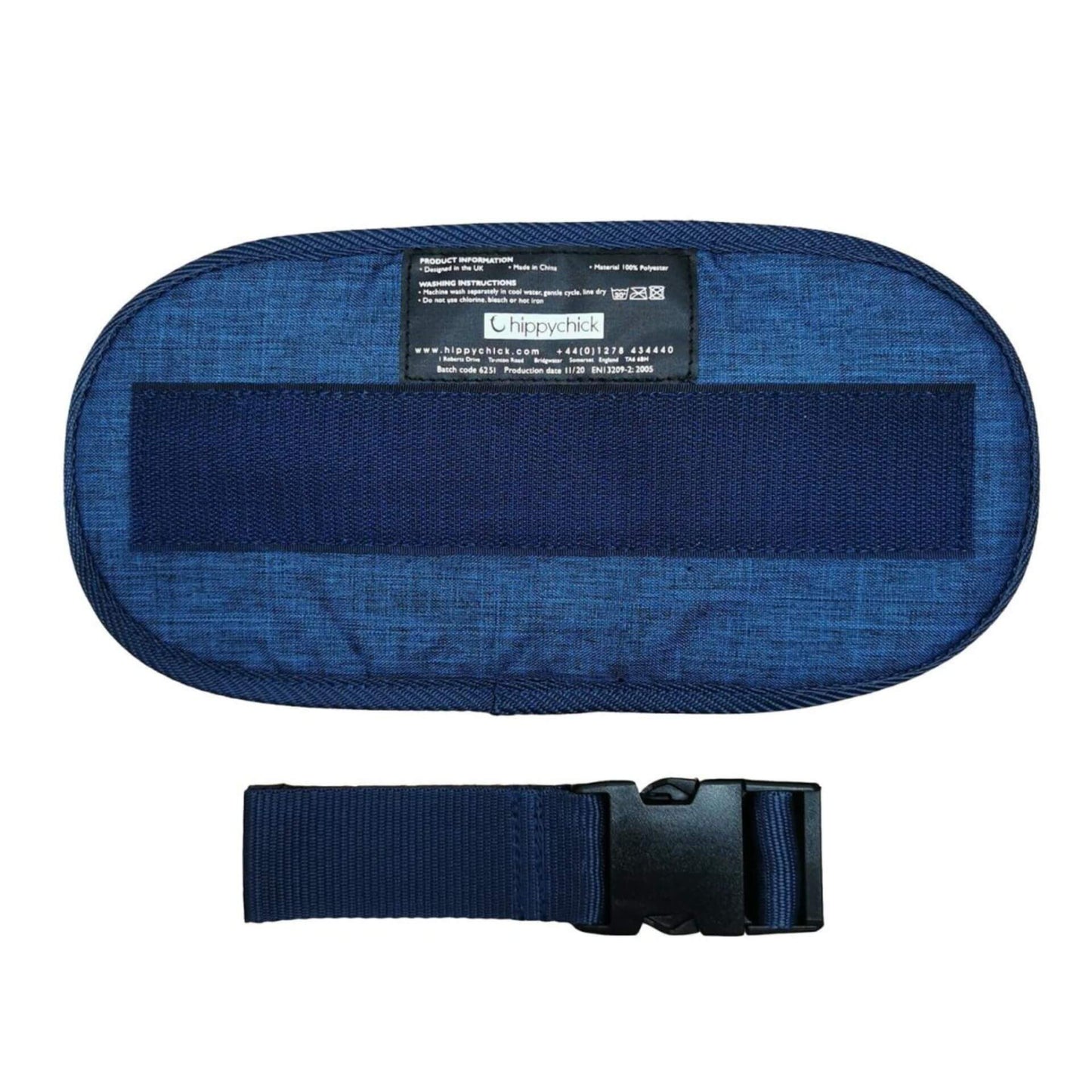 Hippychick Hipseat Extension in blue denim fabric with waistband strap and buckle laid flat.