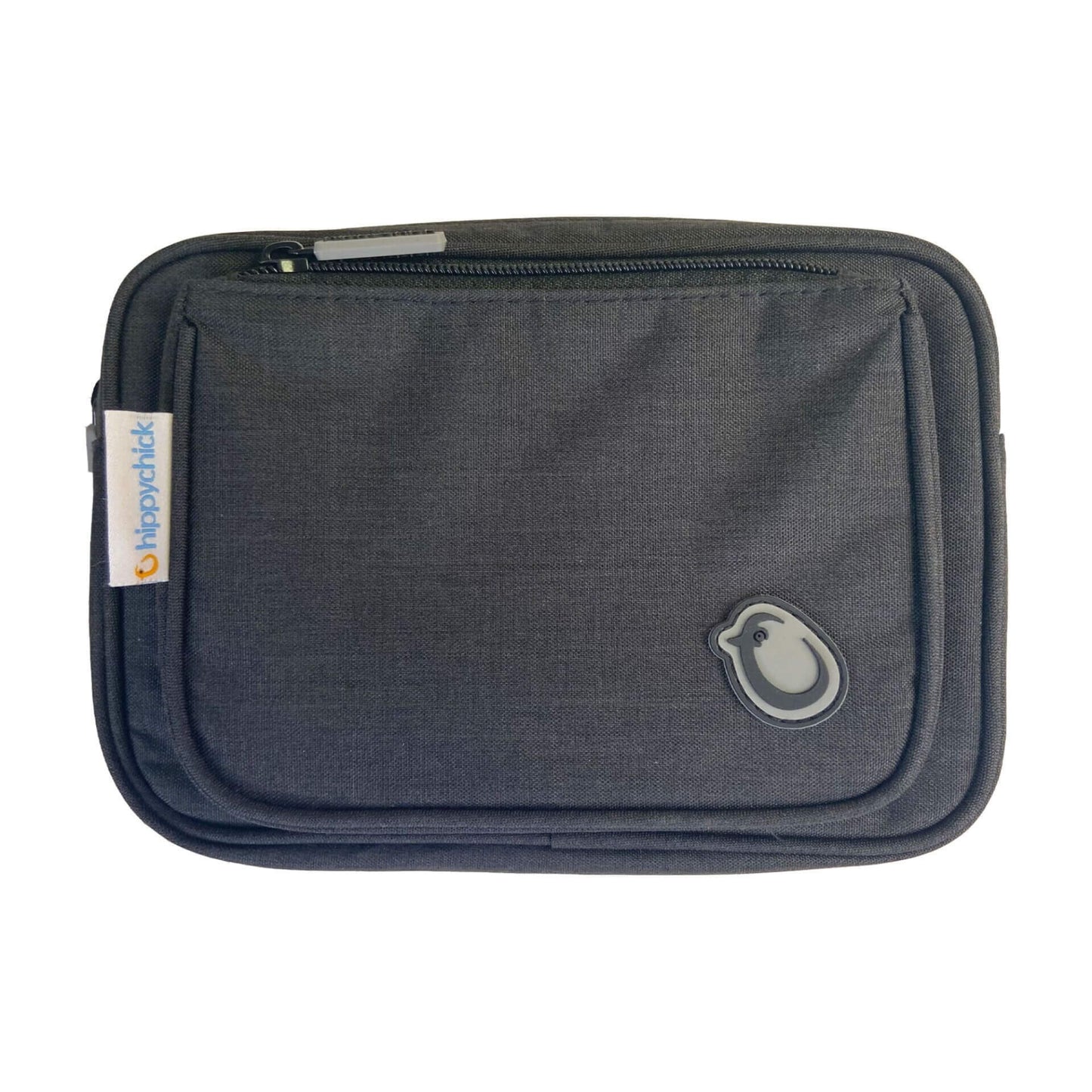 Hippychick Hipseat Pouch in black with zip closure and brand logo on the front.