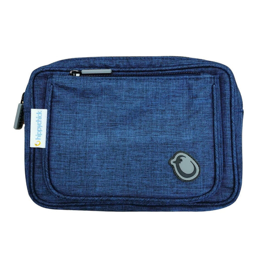 Hippychick Hipseat Pouch in denim blue with front zip compartment and brand logo badge.