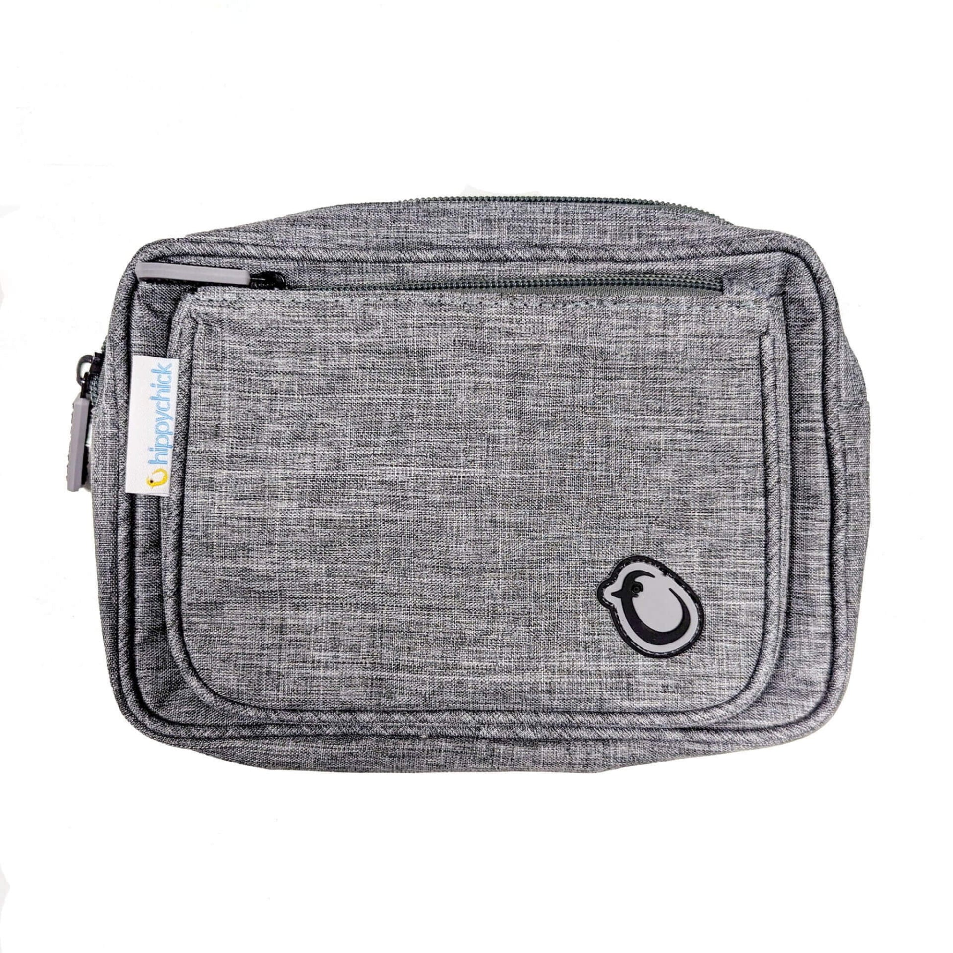 Hippychick Hipseat Pouch in grey fabric with stitched detailing, zip closure and brand logo patch.