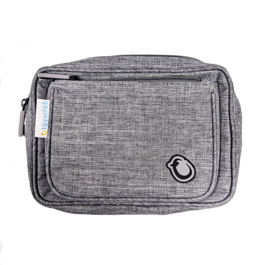 Hippychick Hipseat Pouch in grey fabric with stitched detailing, zip closure and brand logo patch.