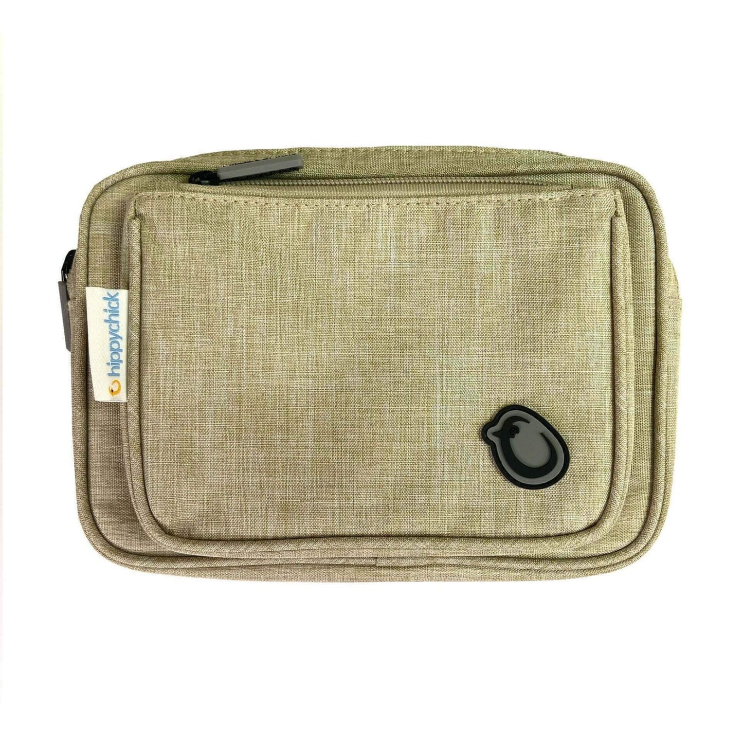 Hippychick Hipseat Pouch in oatmeal beige with secure zip fastening, front section and brand logo detail.