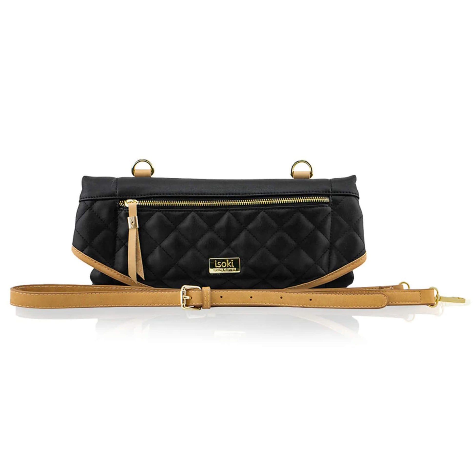 Two-tone black and tan change mat purse shown with detachable matching strap attached to gold hardware rings.
