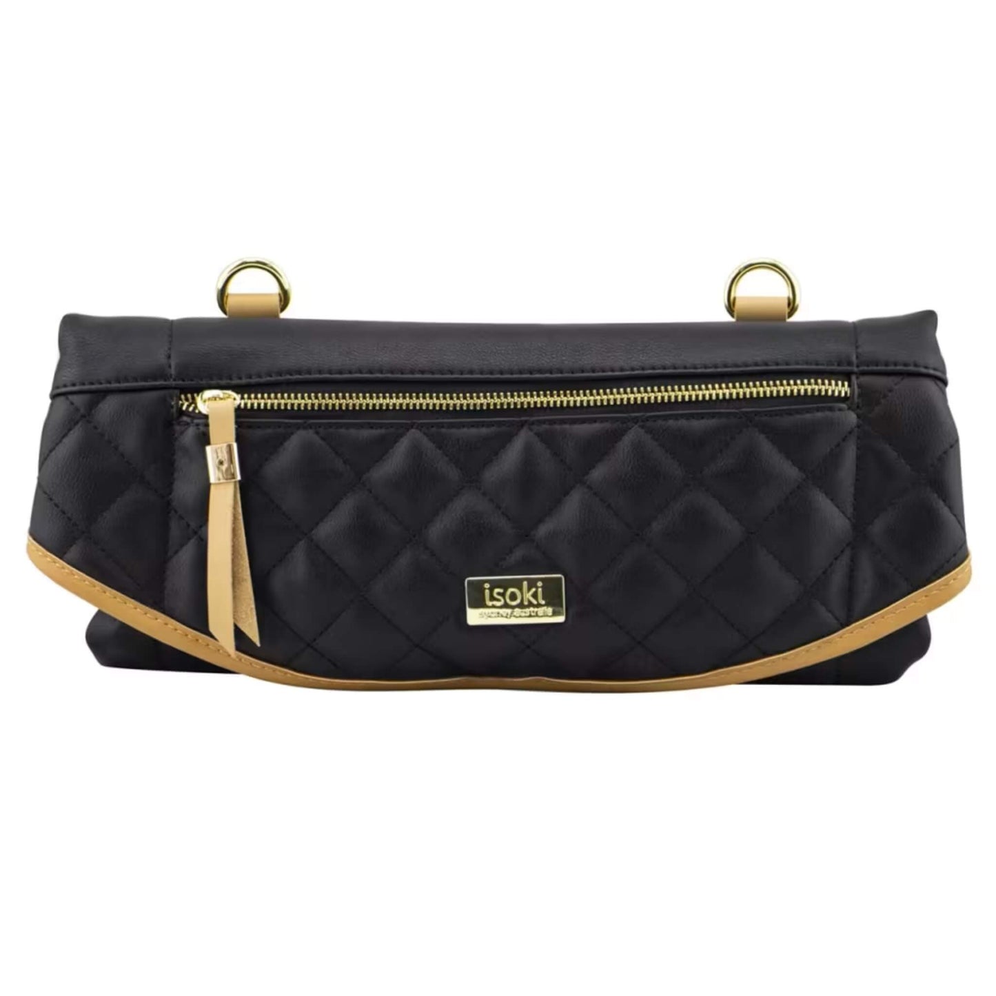 Isoki Adelaide Change Mat Purse in black with tan trim, featuring quilted stitching, gold zip fastening and a front Isoki brand plate.