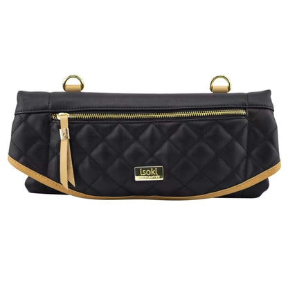 Isoki Adelaide Change Mat Purse in black with tan trim, featuring quilted stitching, gold zip fastening and a front Isoki brand plate.
