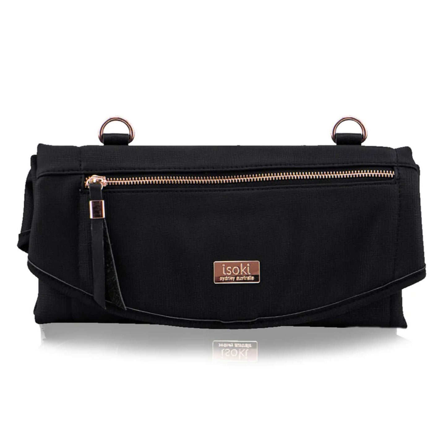 Isoki Adelaide Change Mat Purse in black with rose gold zip and matching brand plate on the front flap.