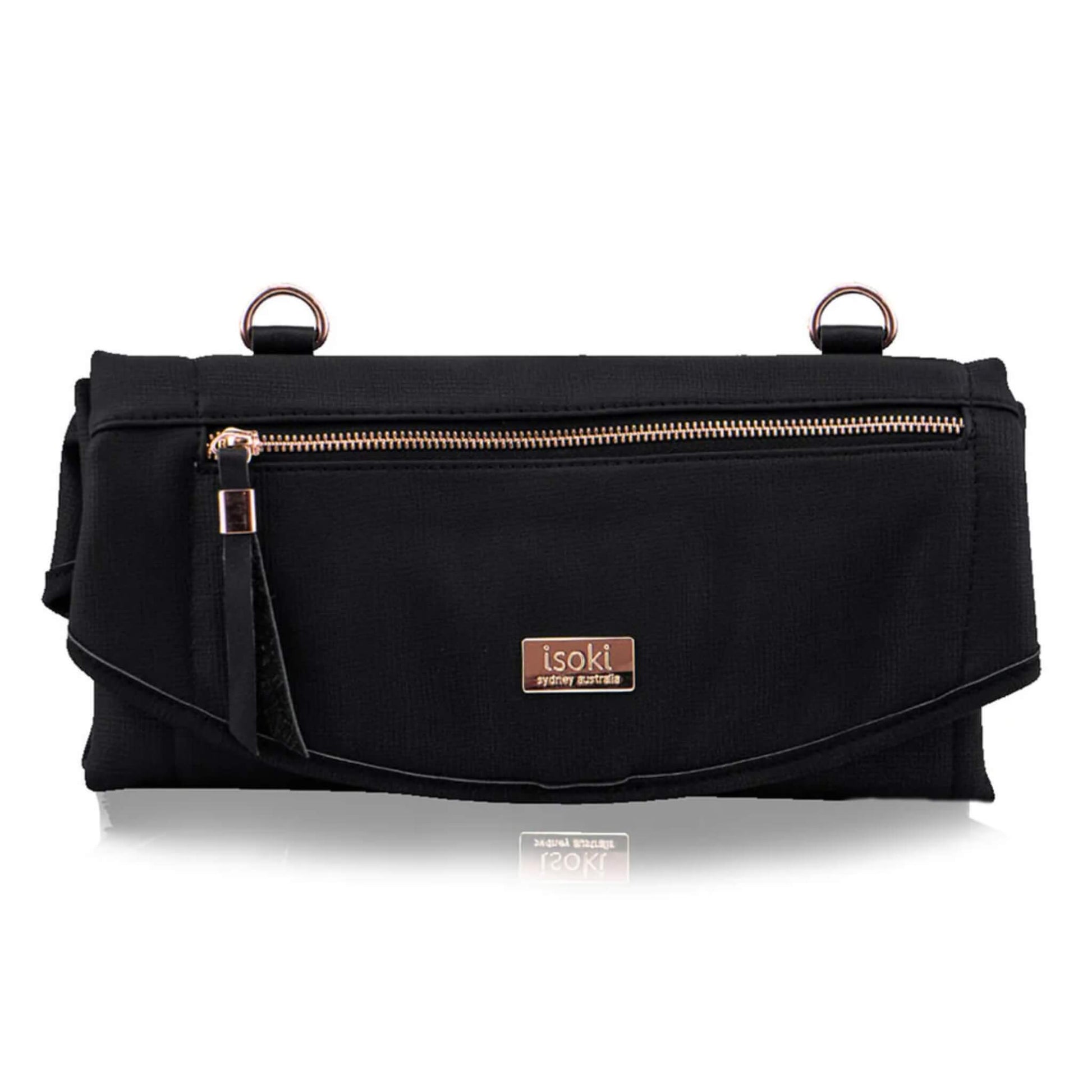 Isoki Adelaide Change Mat Purse in black with rose gold zip and matching brand plate on the front flap.