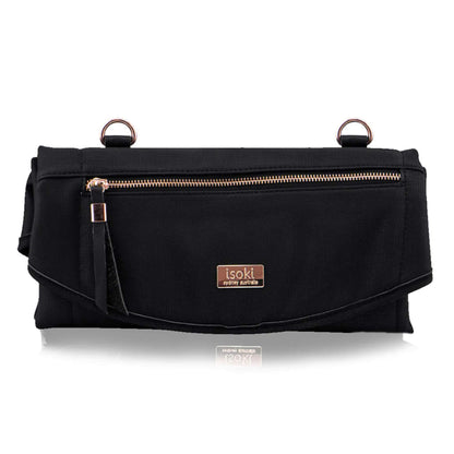 Isoki Adelaide Change Mat Purse in black with rose gold zip and matching brand plate on the front flap.