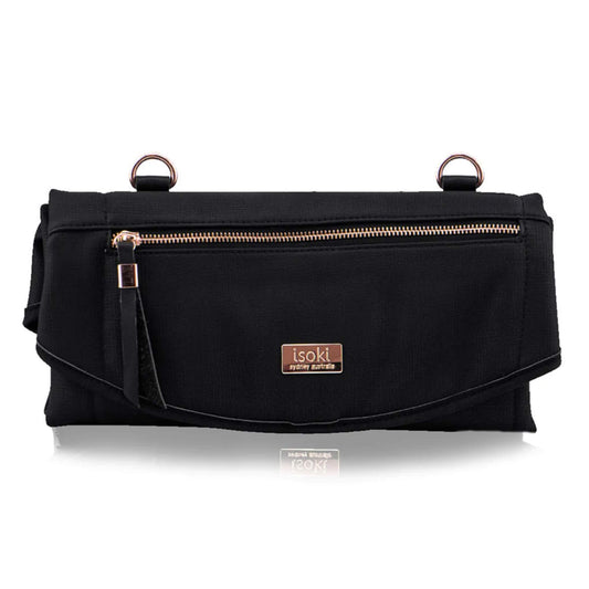 Isoki Adelaide Change Mat Purse in black with rose gold zip and matching brand plate on the front flap.