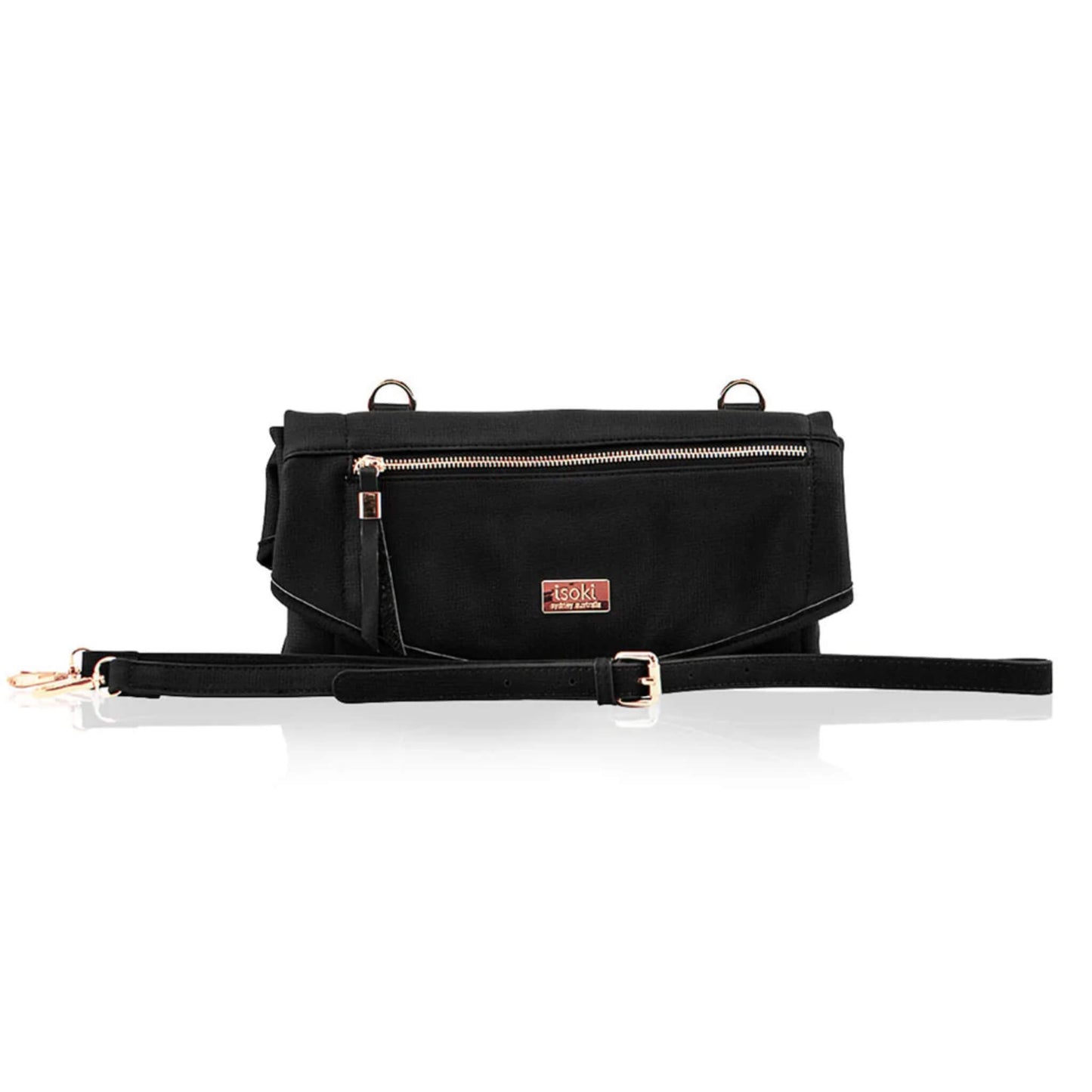 Black Adelaide Change Mat Purse with detachable shoulder strap featuring rose gold hardware rings and buckle detail.