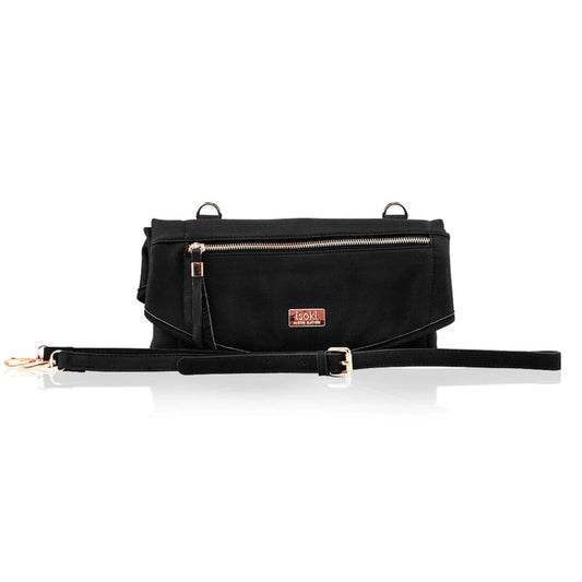 Black Adelaide Change Mat Purse with detachable shoulder strap featuring rose gold hardware rings and buckle detail.