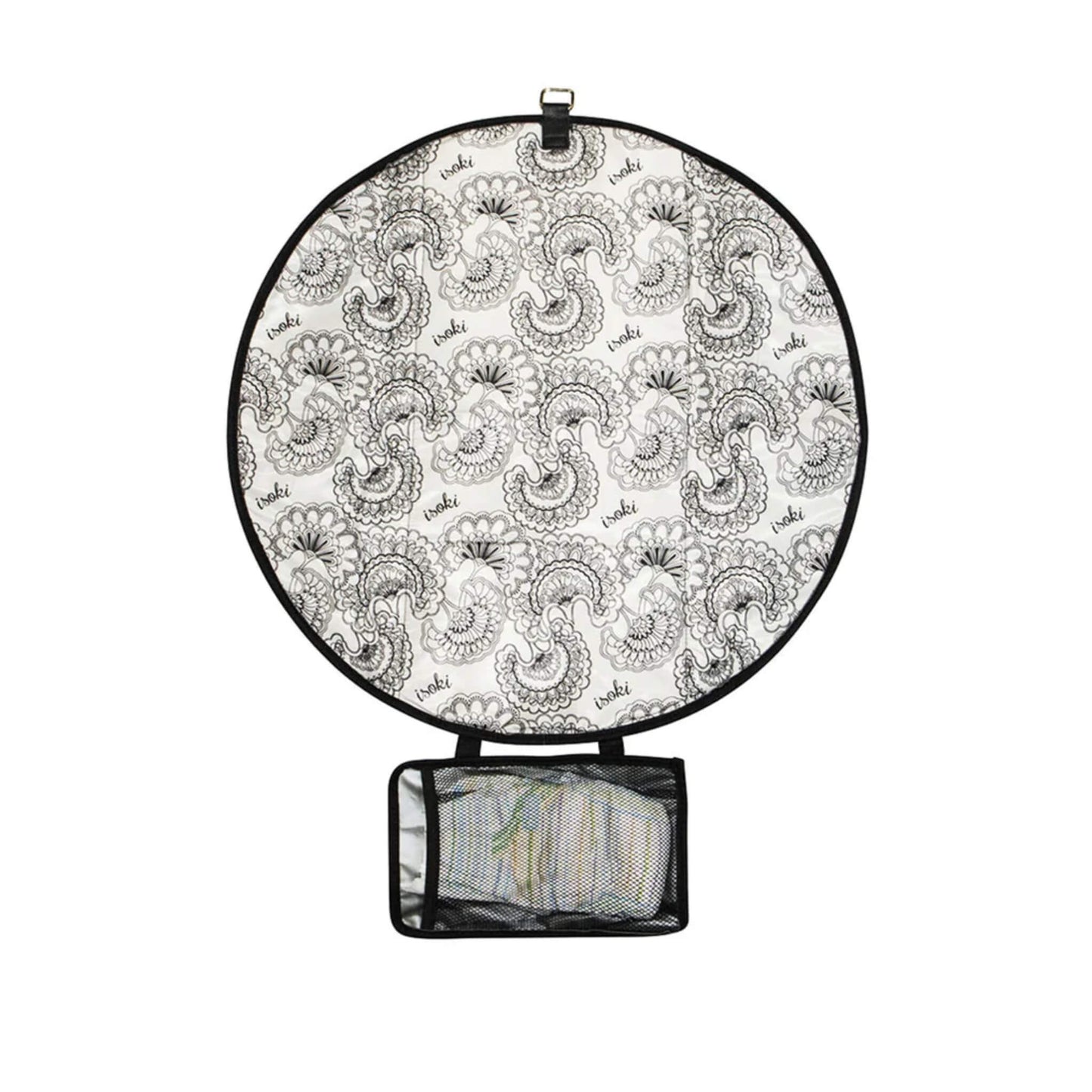 Open round change mat showing black and white patterned interior with black trim and mesh pocket for nappies and wipes.