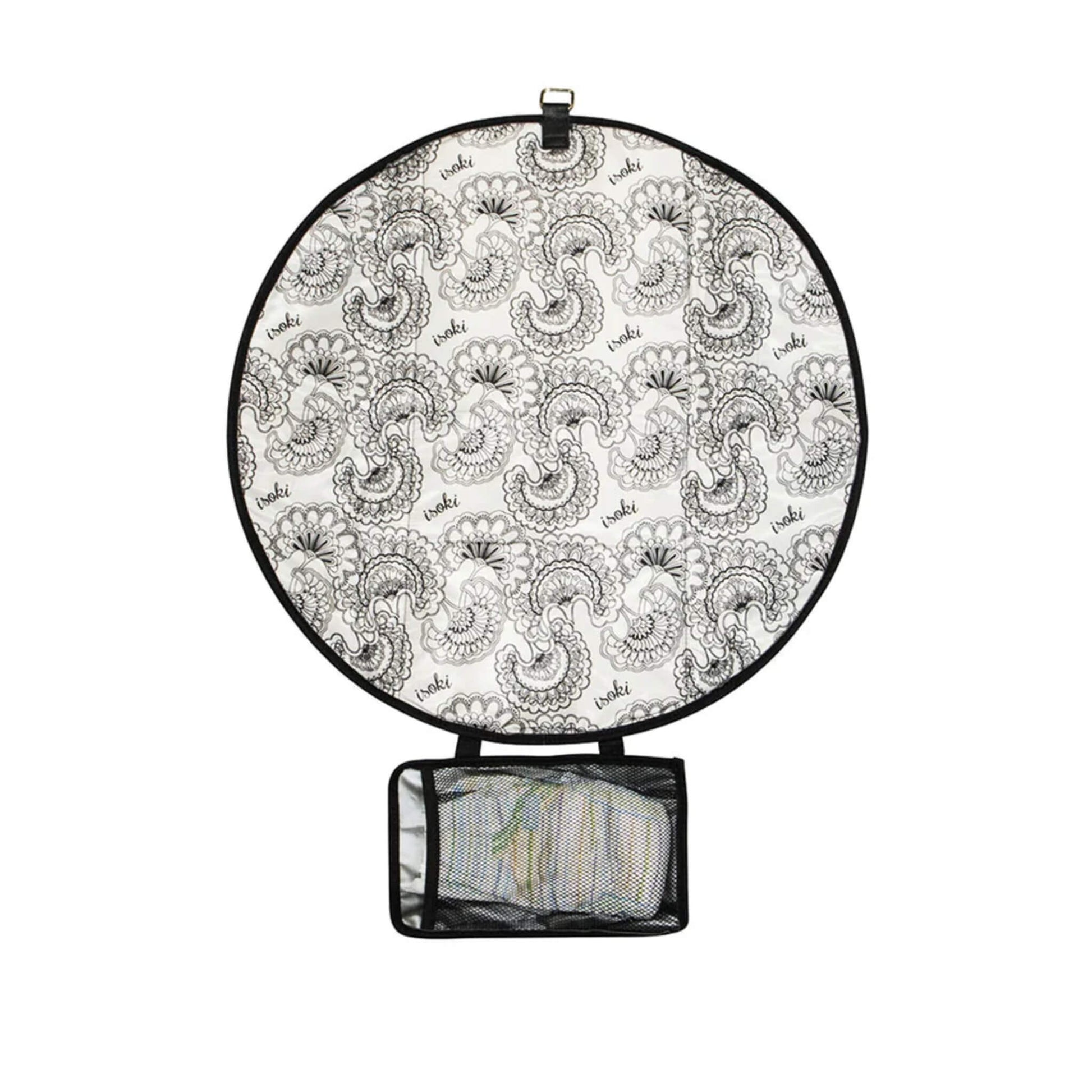 Open round change mat showing black and white patterned interior with black trim and mesh pocket for nappies and wipes.