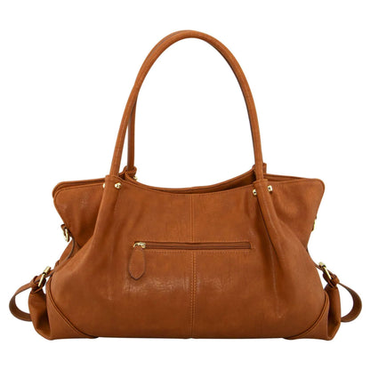 Back view of tan faux-leather satchel with zip pocket, double handles and adjustable side straps.