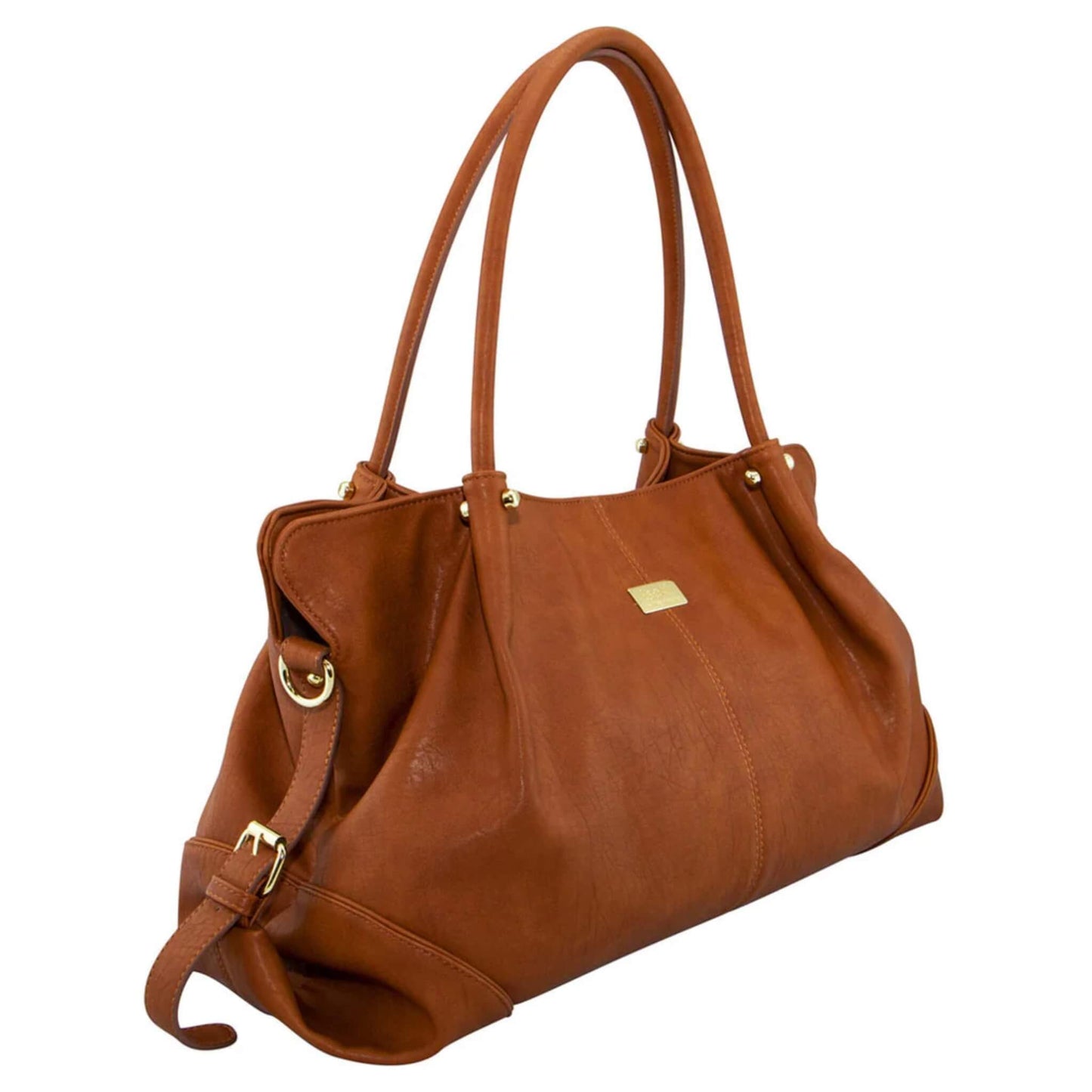 Angled side view of soft tan satchel showing gold buckles, curved side profile and structured design.