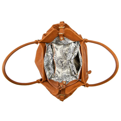 Top-down view of open satchel revealing patterned interior lining with zippered divider and elasticated pockets.