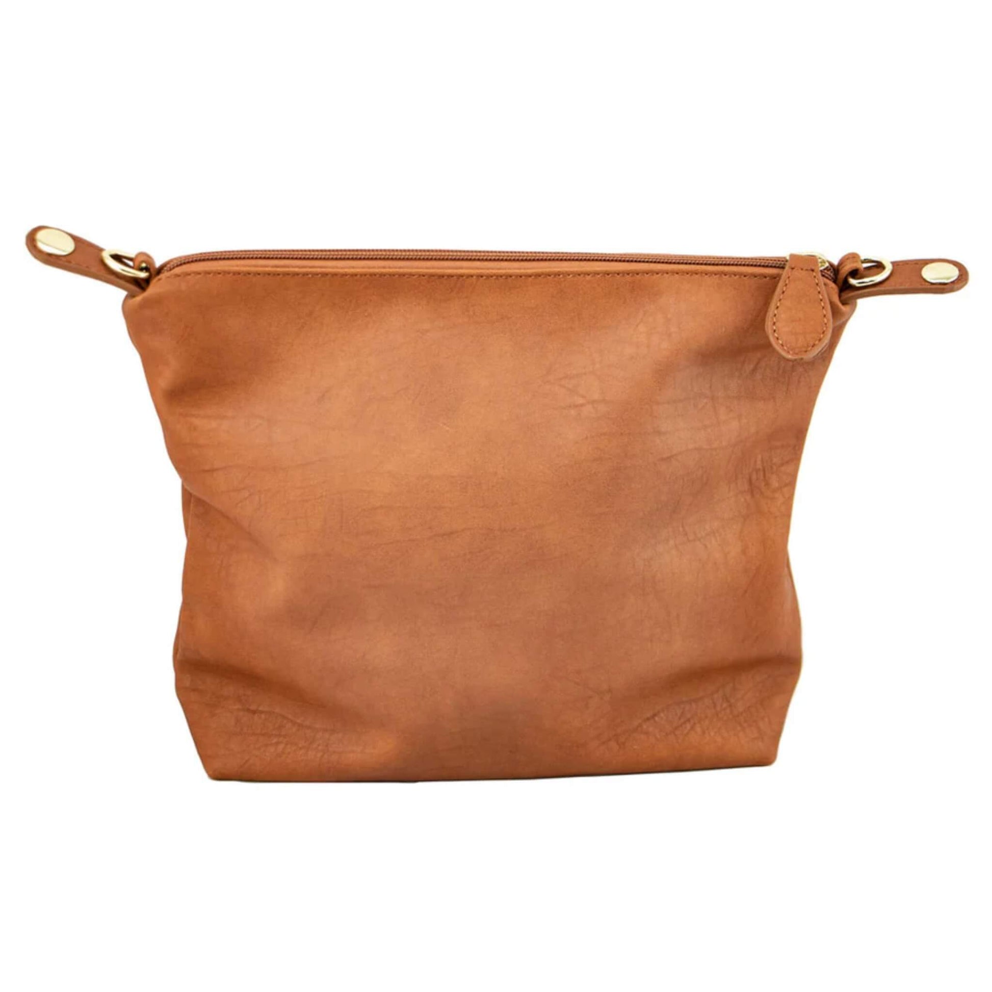 Removable matching inner purse in tan faux-leather with zip closure and side loops for attaching strap.