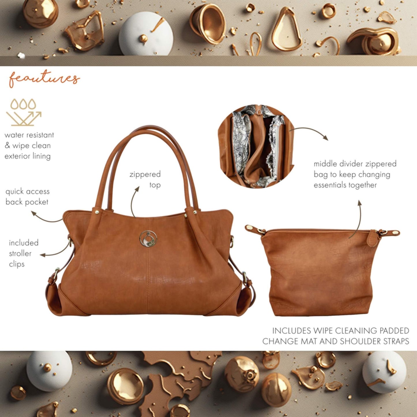 Flat-lay showing tan nappy bag and matching purse with labelled features including wipe-clean exterior, zippered top, stroller clips, and internal divider pouch.