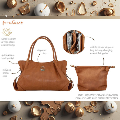 Flat-lay showing tan nappy bag and matching purse with labelled features including wipe-clean exterior, zippered top, stroller clips, and internal divider pouch.