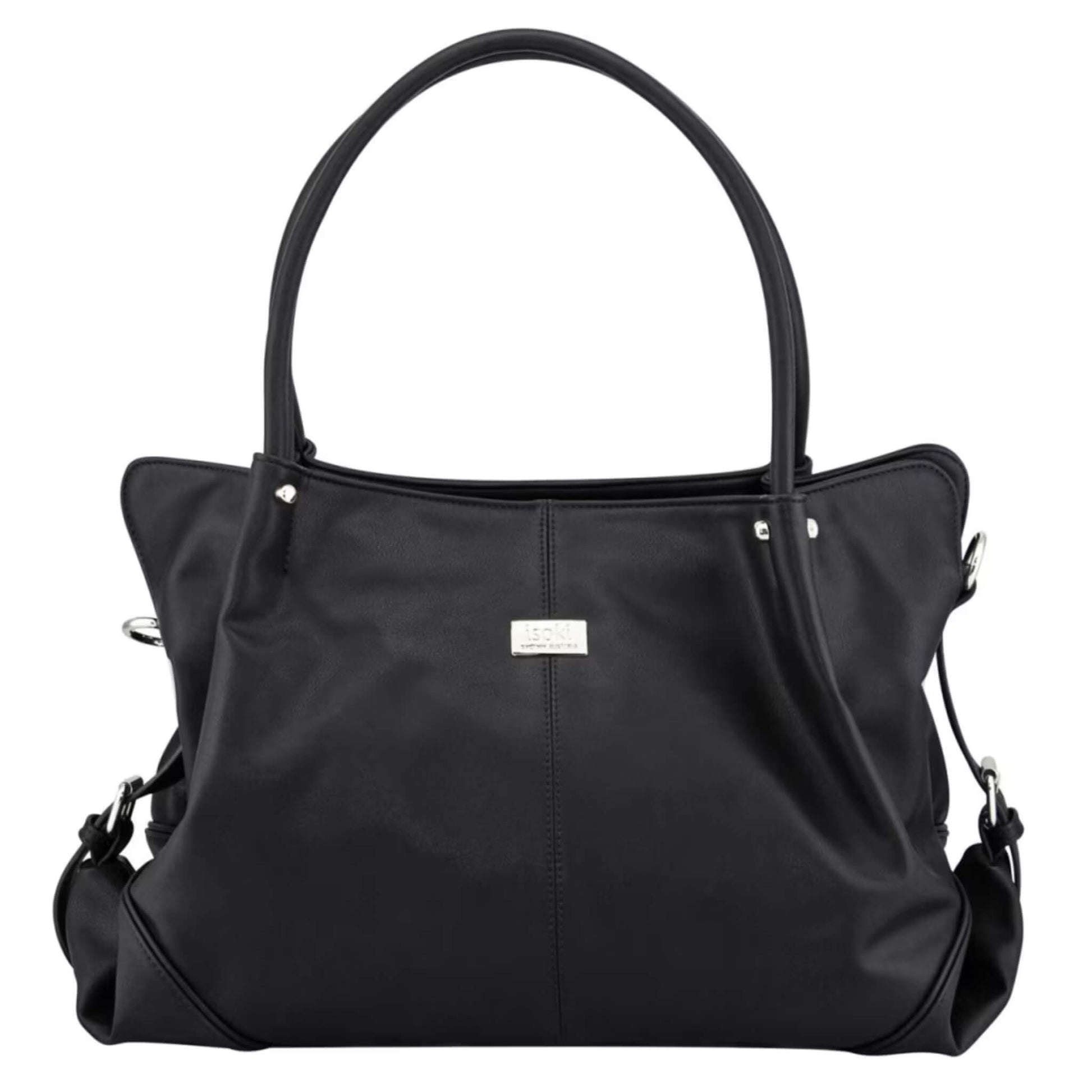 Isoki Anakie Satchel Nappy Bag in Onyx showing smooth black vegan leather finish with twin handles, silver hardware and structured silhouette.